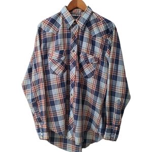 Maverick Vintage Pearl Snap Long Tails Western Shirt Plaid Made in USA Large?